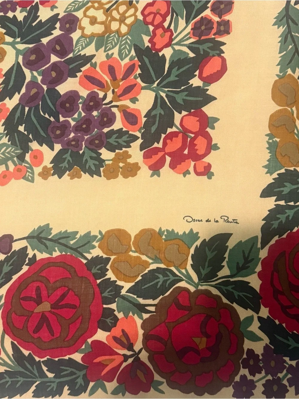 Oscar de la Renta Cream Floral Silk Wool Scarf with Red, Purple & Green Motif